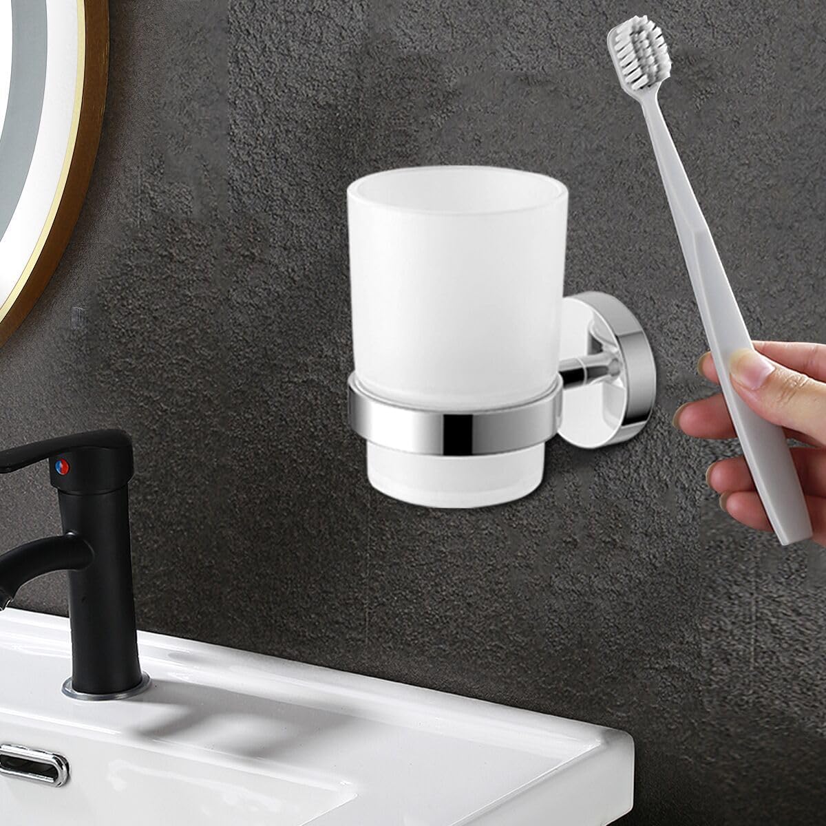 Toothbrush Holder Wall Mounted with Satined Cup with Chrome-Plated Holder,Metal Stainless Steel (Pack of 2)