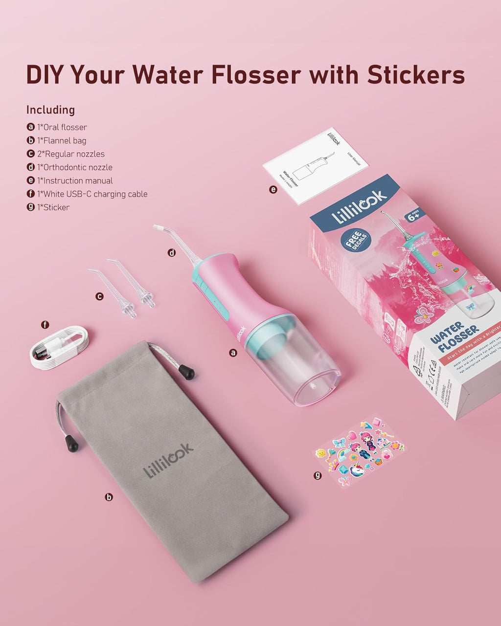 Kids Water Flosser Pink, Rechargeable Oral Irrigator for Kids Aged 6+, 4 Modes, 3 Jet Tips, Fun Stickers, Safe and Gentle Oral Care