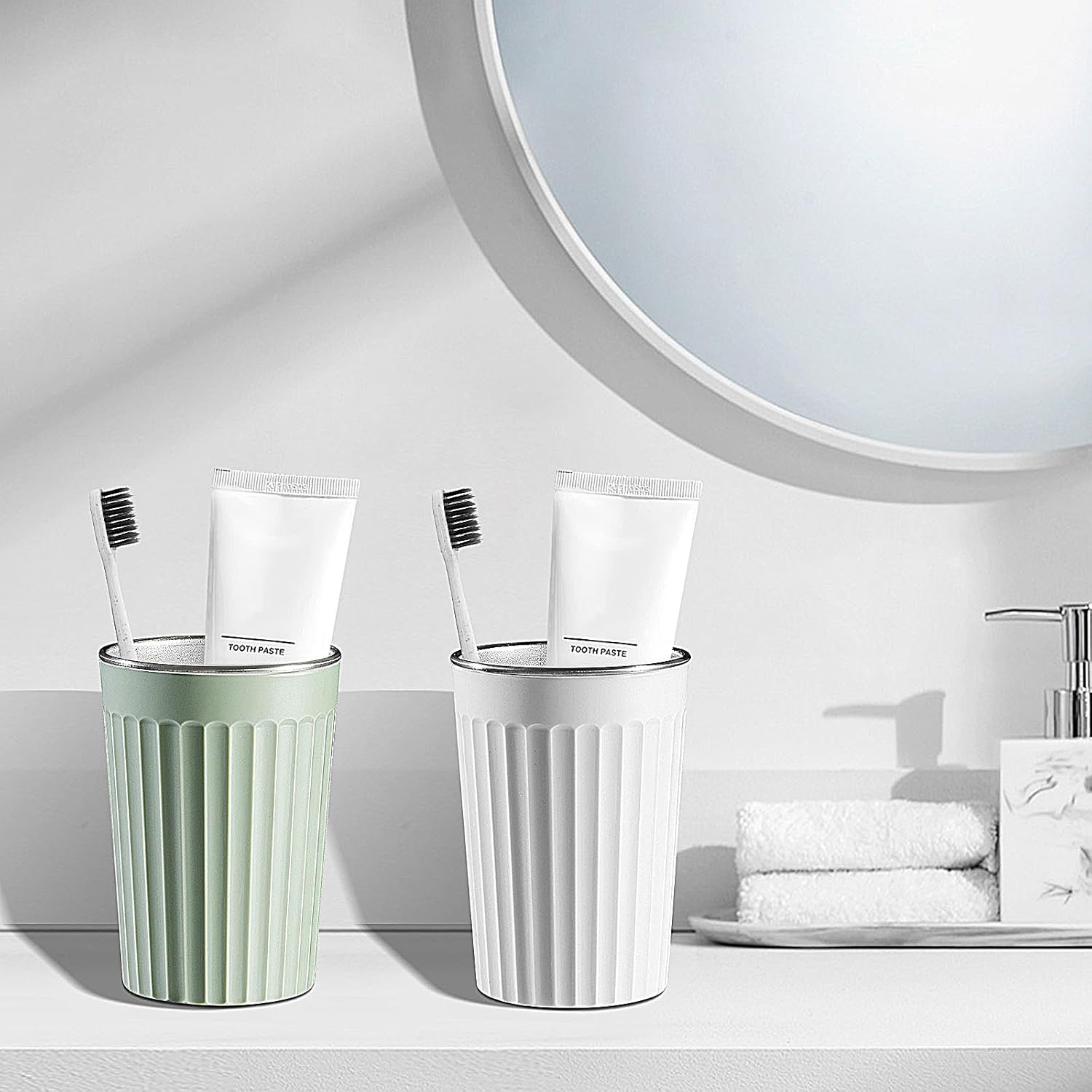 Toothbrush Holder for Bathroom-12oz Unbreakable Stainless Steel Bathroom Cup,Easy to Clean Toothbrush Cup, Reusable Bathroom Tumbler Cups for Home/School/Office(3" x 4.5") (White)