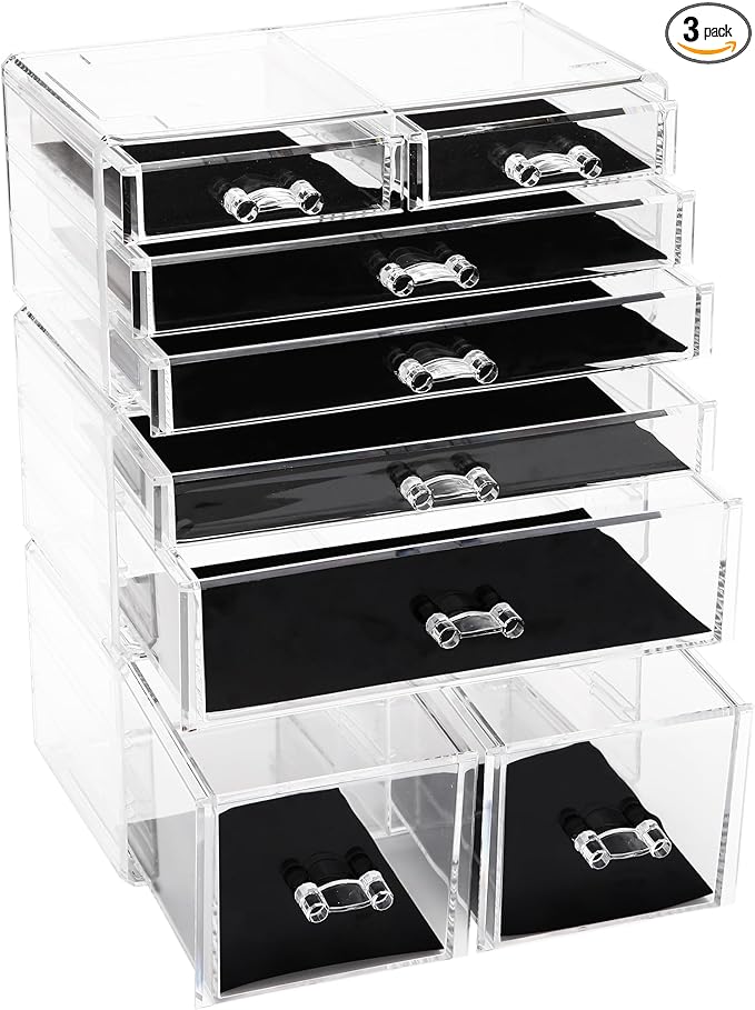 Sea Team 3-Layer Stackable Clear Makeup Organizer with Drawers, Acrylic Plastic Cosmetic Display Case, Jewelry Storage Box, Holder for Dresser, Bathroom, Vanity, Countertop (8 Drawers)