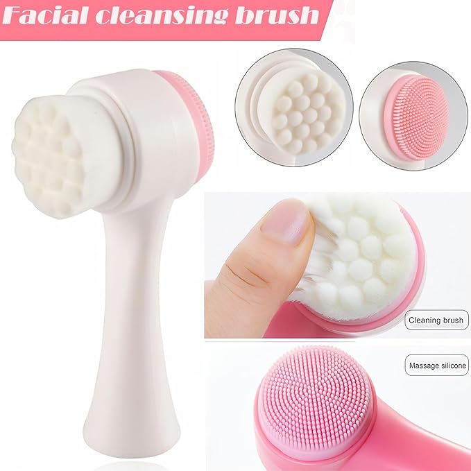2 Pcs Face Washing Brushes, 2 in 1 Silicone Facial Cleansing Brush with Super Soft Bristles, Silicone Scrubber Face for Deep Pore Cleansing, Massage, Exfoliator, Skincare Makeup Removal(Pink, Blue)
