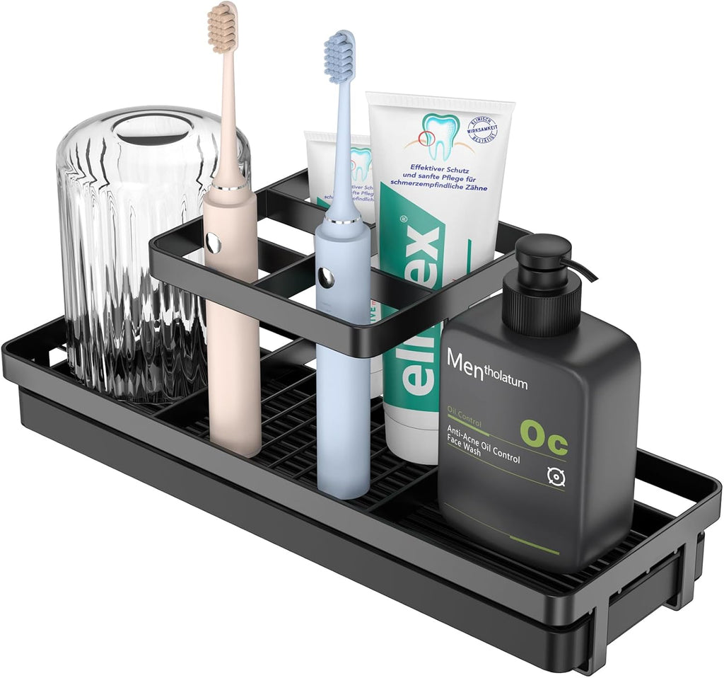 Toothbrush Holders for Bathrooms, 5 Slots Carbon Steel Tooth Brushing Holder Electric Toothbrush and Toothpaste Organizer Bathroom Accessories for Countertop, Shower, Black