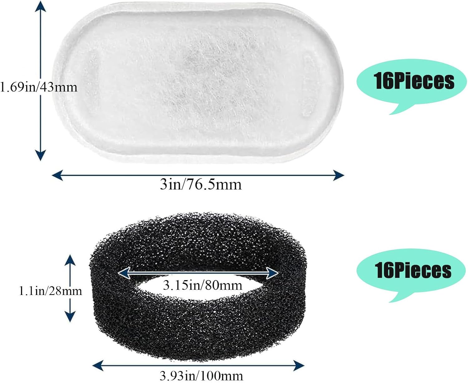 TuTuYa 32PCS Cat Water Fountain Filter, 16 Pack Cat Fountain Filter Replacement with 16 Sponges, for 108oz/3.2L & 67oz/2L Stainless Steel Pet Water Dispenser