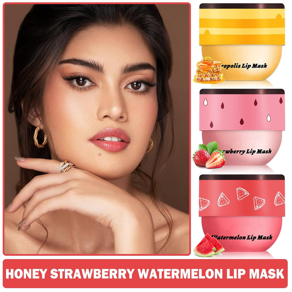 3PCS Bee Lip Balm Honey Pot Honey Strawberry Watermelon Sleeping Lip Mask Silky Hydrating Bee Lip Balm Honey Lip Mask Overnight LipCare Products(Honey+Strawberry+Watermelon)