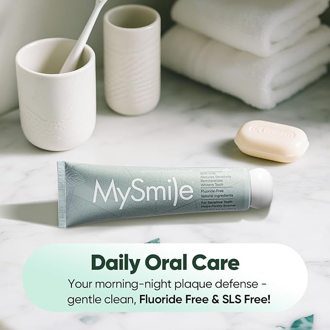 MySmile Fluoride Free Nano Hydroxyapatite Toothpaste for Sensitive Teeth, Strengthens Enamel, Remineralizes & Whitens Teeth, Freshens Breath for Adults, SLS Free, Misty Mint, 4.2 oz