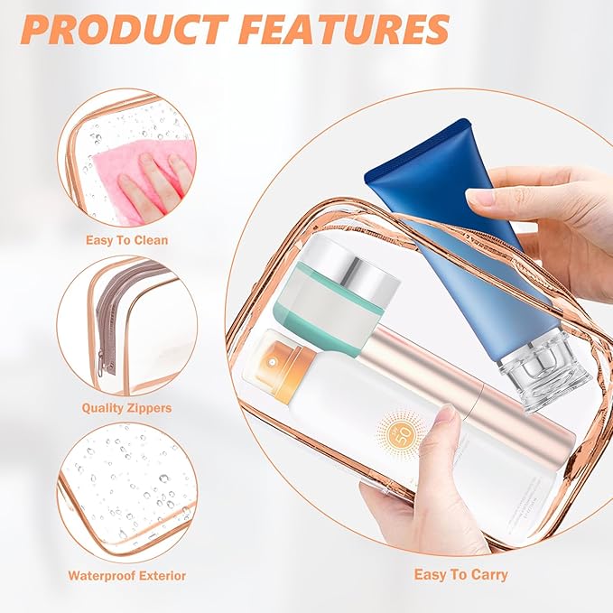 AURUZA 6 Pack Travel Toiletry Bag, Clear Makeup Bag, TSA Approved Cosmetic Bag with Zipper, Clear Organizer Carry on Bag for Women, PVC Cosmetic Pouch (Rose Pink, 6 Packs)