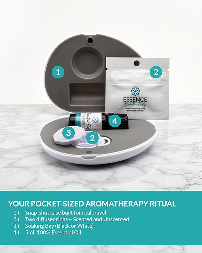 Essence Pearl Travel Case - Wearable Aromatherapy Kit with Nasal Diffuser Rings, Soaking Bay, and 5mL Essential Oil – Portable Wellness Gift Set for On?The?Go Self Care