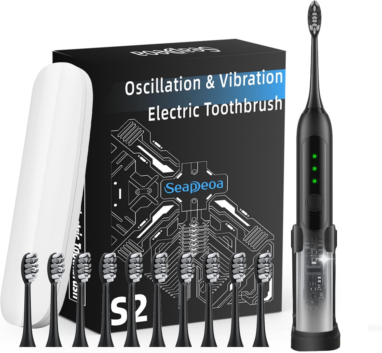 Adult Sonic Electric Toothbrush with 10 Brush Heads, Travel case, and Wall Bracket, Suitable for Both Adults and Children, IPX8 Waterproof, USB Charging, 42000VPM, Black