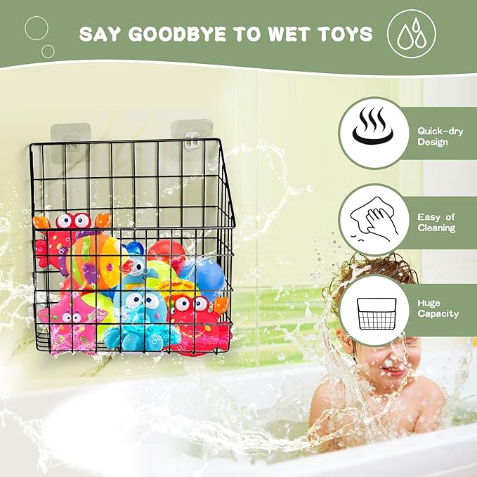 2 Pack Bath Toy Storage Organizer Basket, Large Metal Bathtub Toy Holder, Wall Mounted Hanging Shower Basket, Bath Toy Organizer For Bathtub for Easy Access and Sorting Toys/Clothes/Toiletries