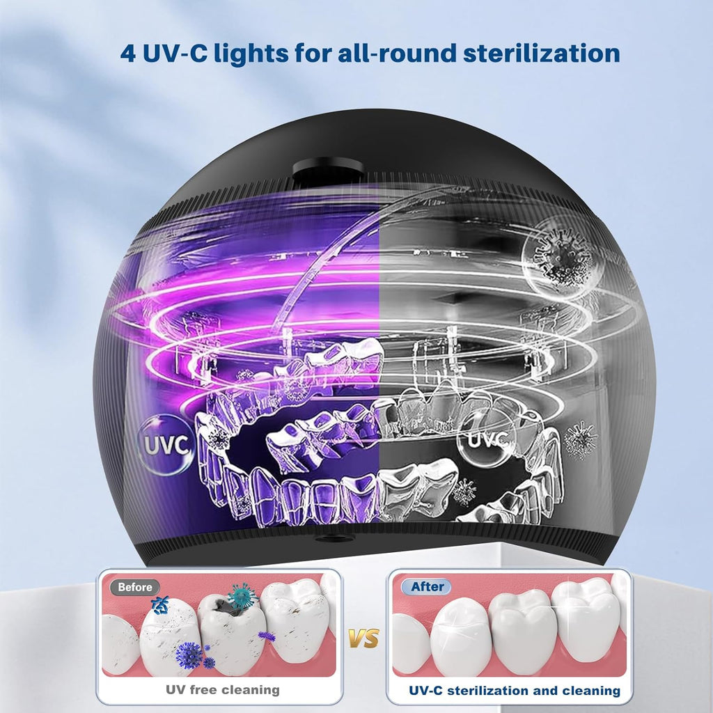Voraiya Ultrasonic UV Cleaner for Dentures, Aligner, Retainer, Whitening Trays, Night Dental Mouth Guard, Toothbrush Head, Ultrasonic Jewelry Cleaner Machine for all dental Appliances, Diamon