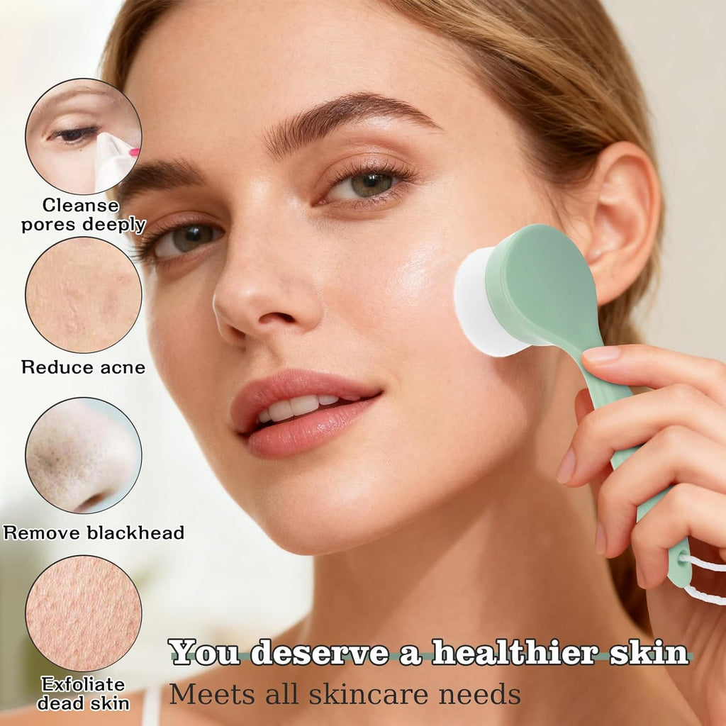 2 Pack Soft Bristle Facial Cleansing Brush for Deep Pore Cleaning, Face Exfoliating Scrub Brush for Face Cleansing Skincare Massaging,Green