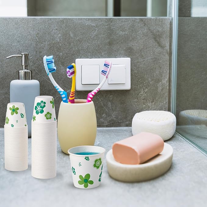 [600 Pack] Paper Cups, 3oz Disposable Bathroom Cups, Mouthwash Cups, Cold Disposable Drinking Cup for Party, Picnic, BBQ, Travel, and Event, Green Floral