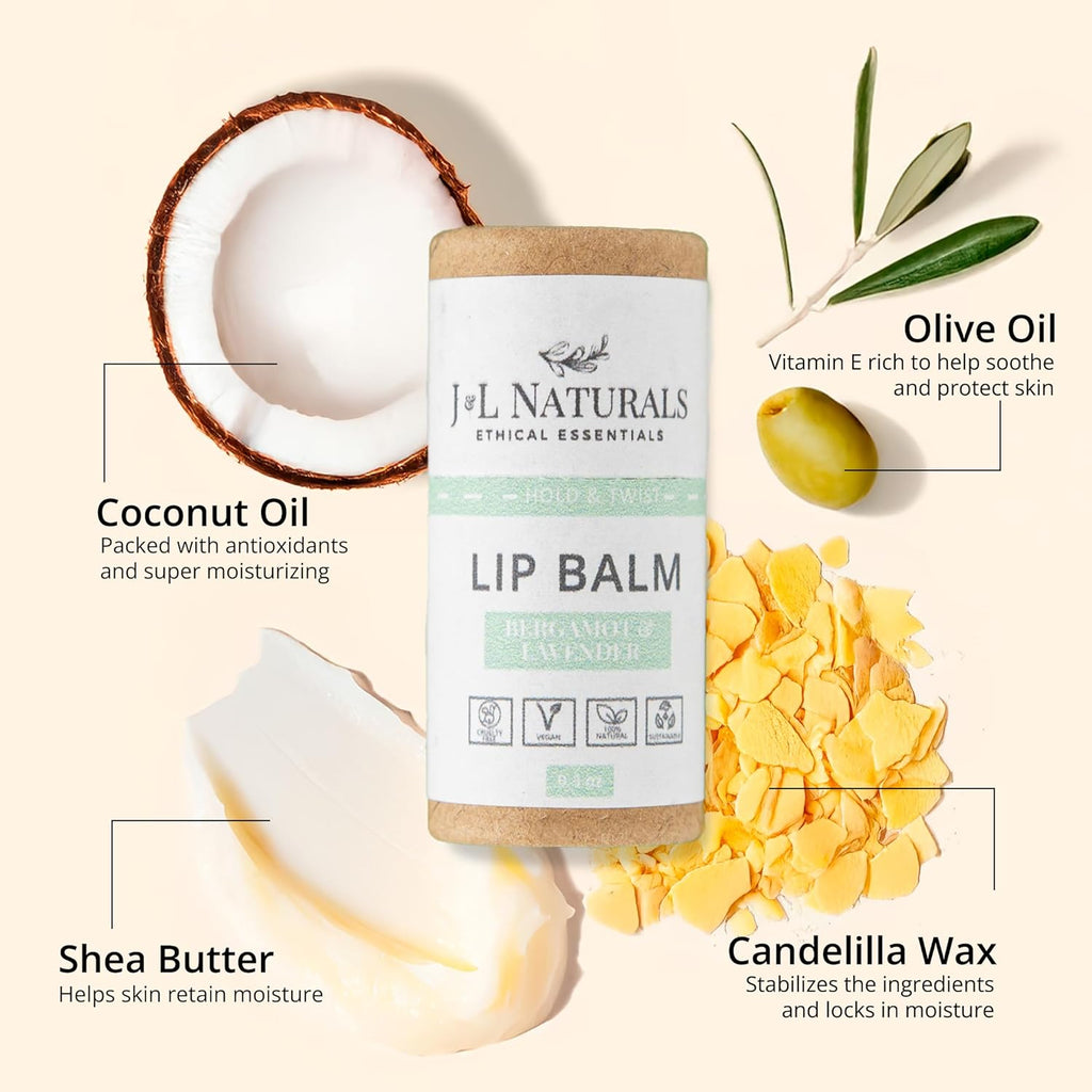 J&L Naturals Sustainable Lip Balm | Organic Ingredients, 100% Natural, Eco-Friendly | Cruelty Free, Vegan, Paraben Free, Silicone Free (Bergamot & Lavender, 2-Piece Duo)