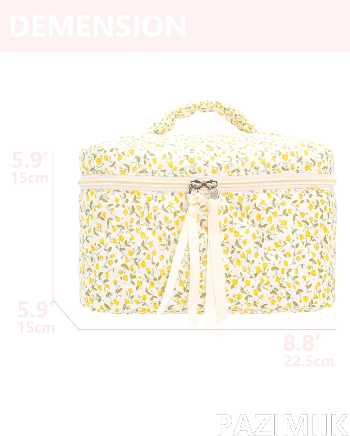 PAZIMIIK Quilted Makeup Bag Large Travel Zipper Soft Cosmetic Case for Women Girls Make Up,Floral Yellow