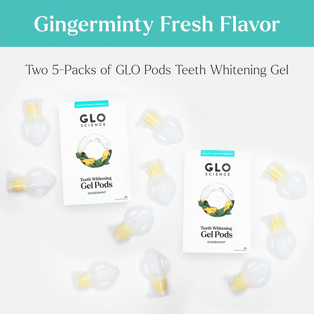 GLO Science So Brilliant Teeth Whitening Gel Pods – Safe, Effective Tooth Whitener with Silicon Brush, 6% Hydrogen Peroxide – Designed for Sensitive Teeth – Gingermint Flavor (2 Packs of 5)
