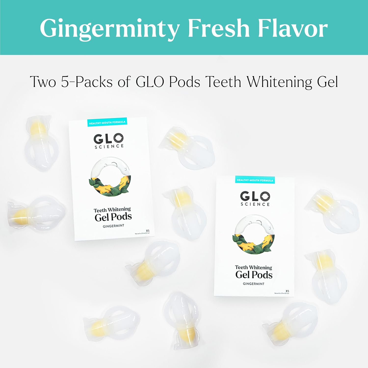 GLO Science So Brilliant Teeth Whitening Gel Pods – Safe, Effective Tooth Whitener with Silicon Brush, 6% Hydrogen Peroxide – Designed for Sensitive Teeth – Gingermint Flavor (2 Packs of 5)