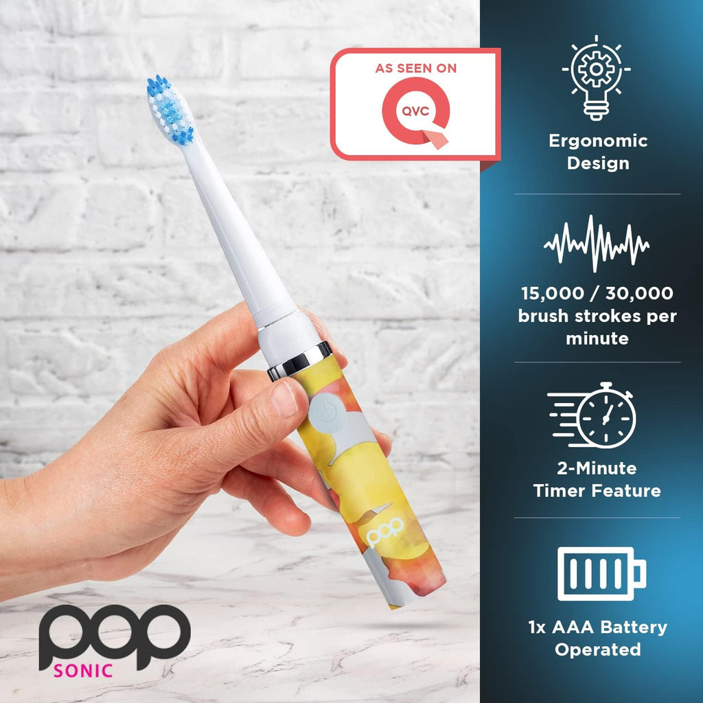 Pop Sonic Electric Toothbrush (Orange Watercolor) - Travel Toothbrushes w/AAA Battery | Kids Electric Toothbrushes with 2 Speed & 15,000-30,000 Strokes/Minute, Dupont Nylon Bristles