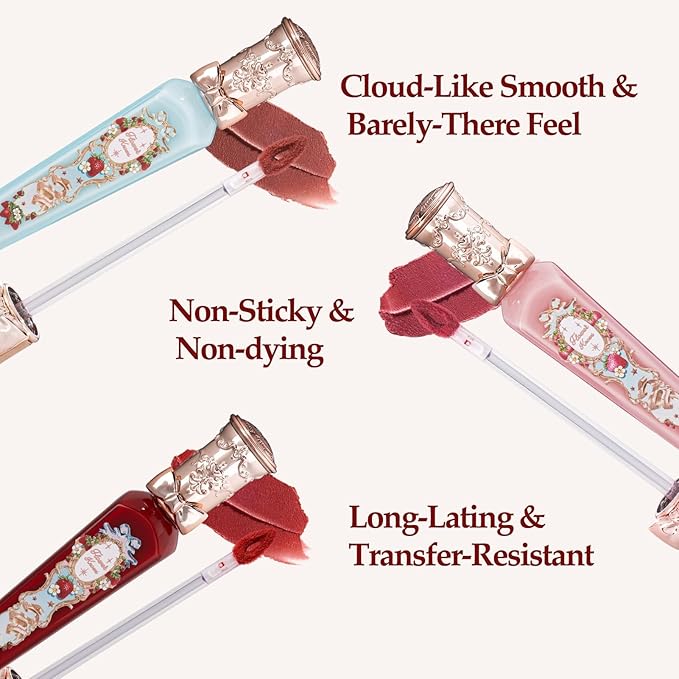 Flower Knows Strawberry Rococo Cloud Lip Cream 3-Piece Set,S03+S05+S08 with Canvas Tote Bag & Hair Clip,Velvety Matte Liquid Lipsticks,Moisturizing Long Lasting Lip Stain for Girls & Women