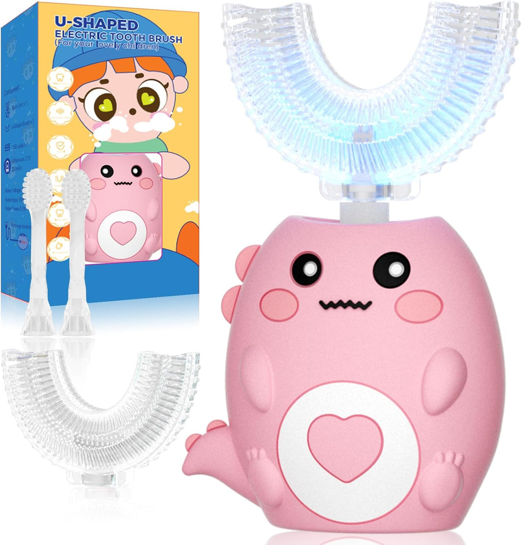 Kids U Shaped Electric Toothbrush, with 3 Cleaning Modes, with 4 Brush Heads, 360° Sonic Automatic Toothbrush, IPX7 Waterproof Cartoon Dinosaur Design (Ages 2-12)
