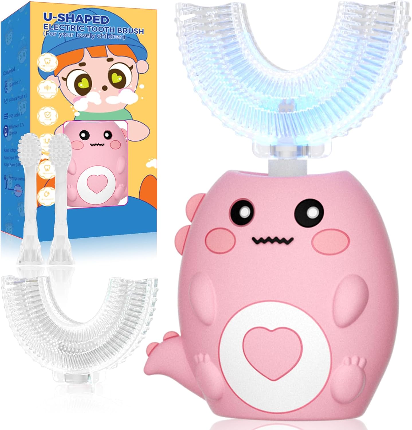 Kids U Shaped Electric Toothbrush, with 3 Cleaning Modes, with 4 Brush Heads, 360° Sonic Automatic Toothbrush, IPX7 Waterproof Cartoon Dinosaur Design (Ages 2-12)
