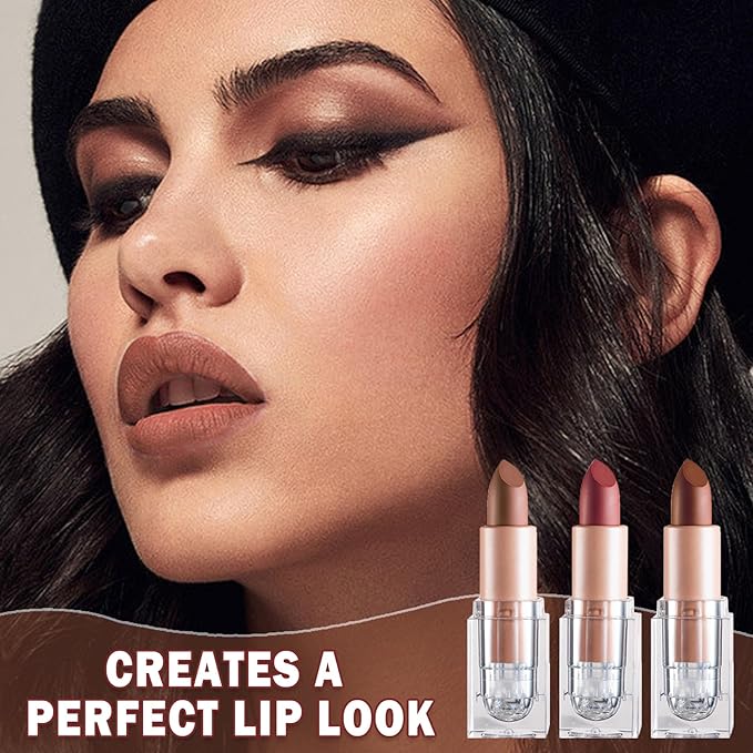 3PCS Matte Nude Lipstick Set Velvet Lip Gloss Non-Fading Non-Sticky Cup Nude Lipstick Matte Lip Stain Long Lasting Waterproof Lipstick for Women Girls Daily Lip Makeup - Set D