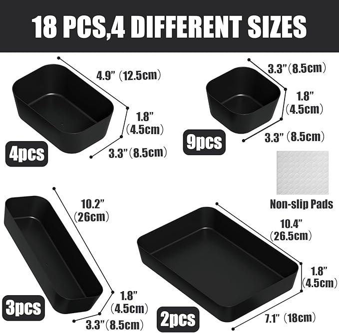 Plastic Drawer Organizers, 18 PCS Drawer Organizer Bins, Bathroom and Vanity Organizer Plastic Tray, Makeup organizer and storage for Makeup, Bedroom, Kitchen Gadgets Utensils and Office (Black)