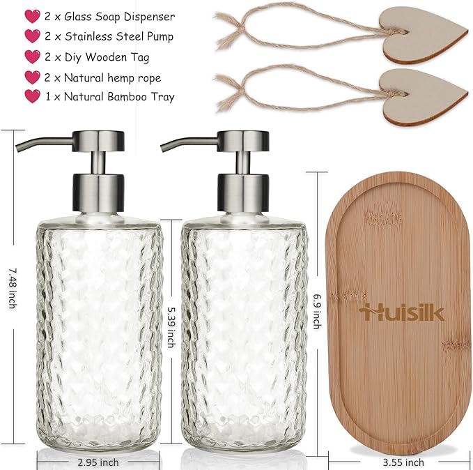 Glass Soap Dispenser Set with Bamboo Tray - 2 Pack 16 Oz Arrow Embossed Refillable Bottles with Silver Rustproof Stainless Steel Pump for Hand Dish in Farmhouse Modern Bathroom Kitchen (Clear)