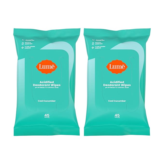 Lume Acidified Deodorant Wipes - 24 Hour Odor Control - Aluminum Free, Baking Soda Free, Skin Loving - 45 Count (Pack of 2) (Cool Cucumber)