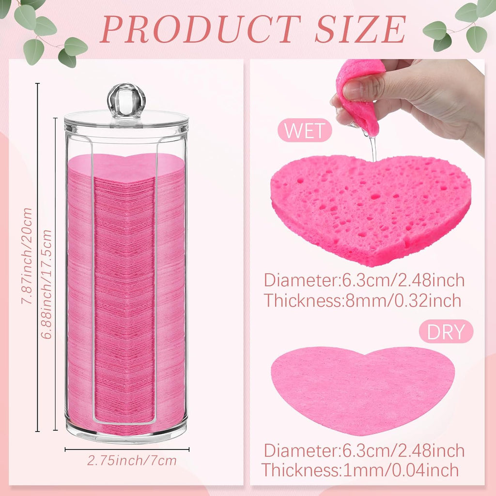 Sieral 120 Pcs Compressed Facial Sponges with Container Disposable Face Sponge Pads for Washing Face Cleansing Exfoliating Esthetician Makeup Removal(Heart,Rose Red)