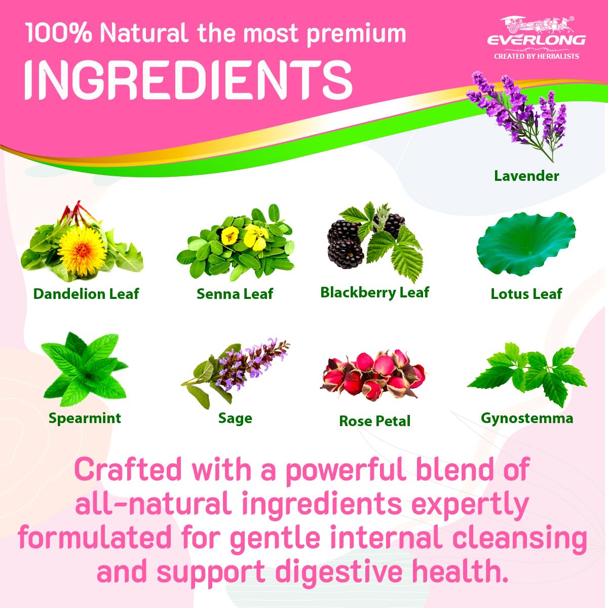 EVERLONG Colon Detox Tea - Dandelion Leaf with Senna, Gynostemma, Lotus Leaf, Spearmint for Colon Cleanse and Digestive Health, Promote Regularity - 14 Herbal Tea Bags, All Natural, Caffeine-Free