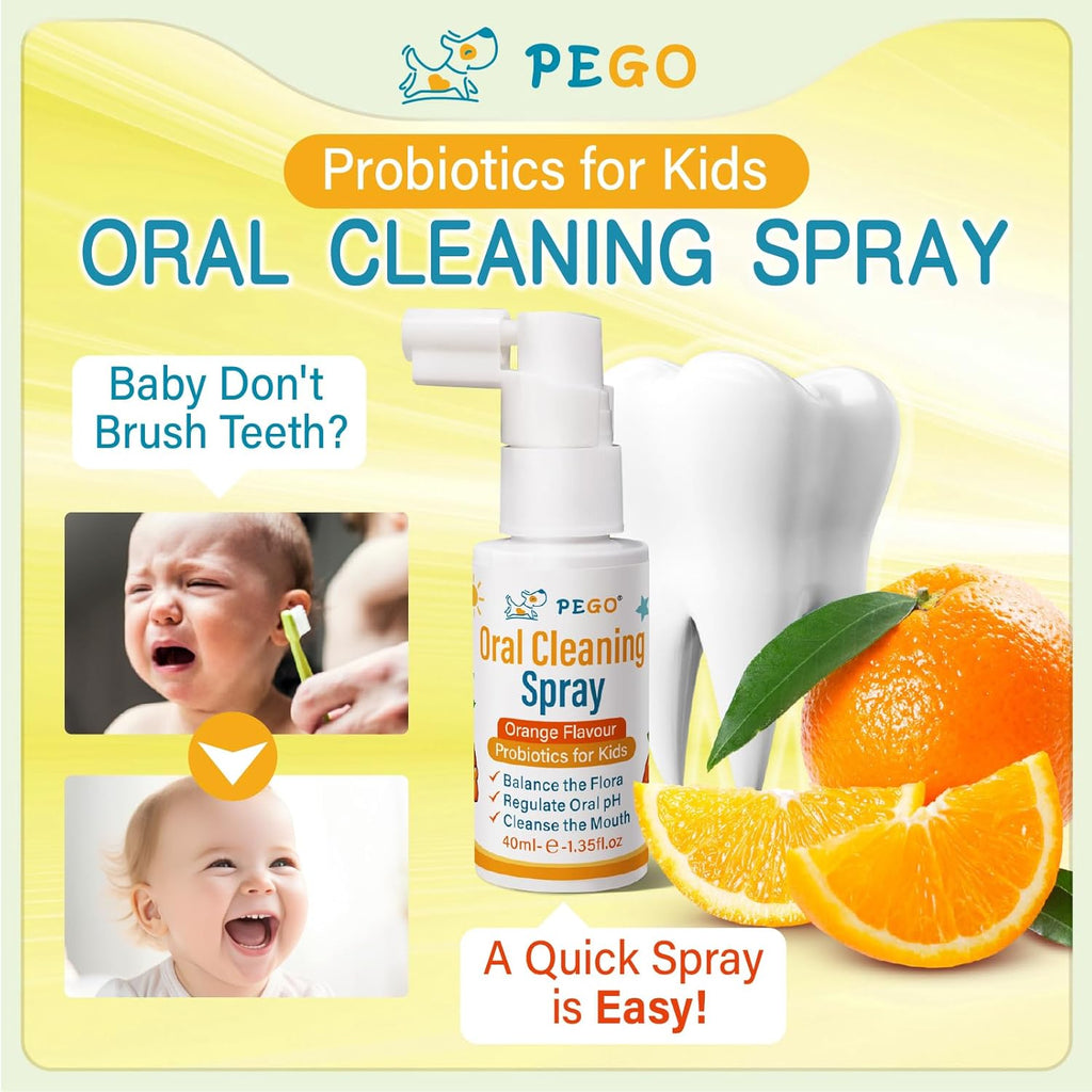 PEGO Kids Oral Spray, Toddler Toothpaste Helper for Fresh Breath，Kid's Mouth Spray with Fluoride Free for Newborn to 12 Years (2Pack, Orange)