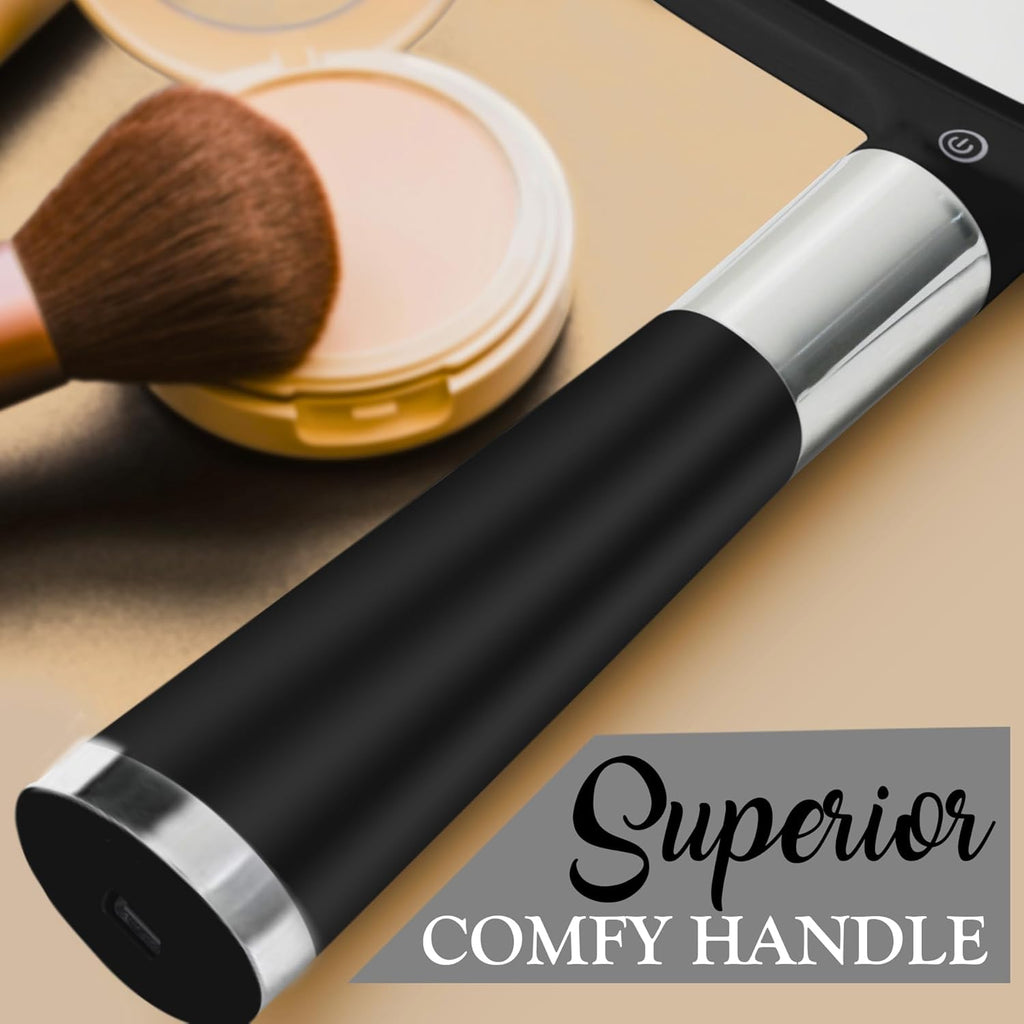 MIRRORVANA Lighted Travel Makeup Mirror - 2 in 1 Handheld & Tabletop LED Mirror with 3 Light Modes, Detachable Stand, and Comfy Handle - 9" x 13" (Black)