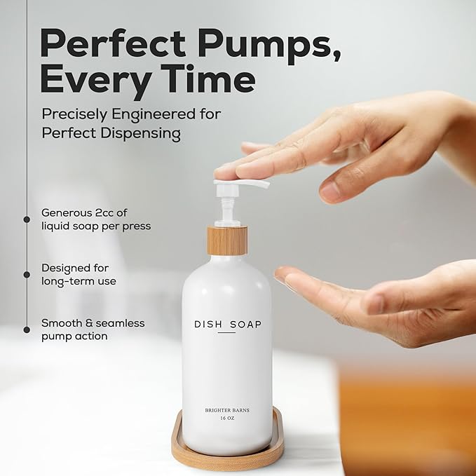 White Glass Dish Soap Dispenser for Kitchen Sink by Brighter Barns - Kitchen Soap Dispenser Set with Tray - Bamboo Pump Bottle - Neutral Minimalist Home Decor in RV, Office, Home, Airbnb, Gift (White)