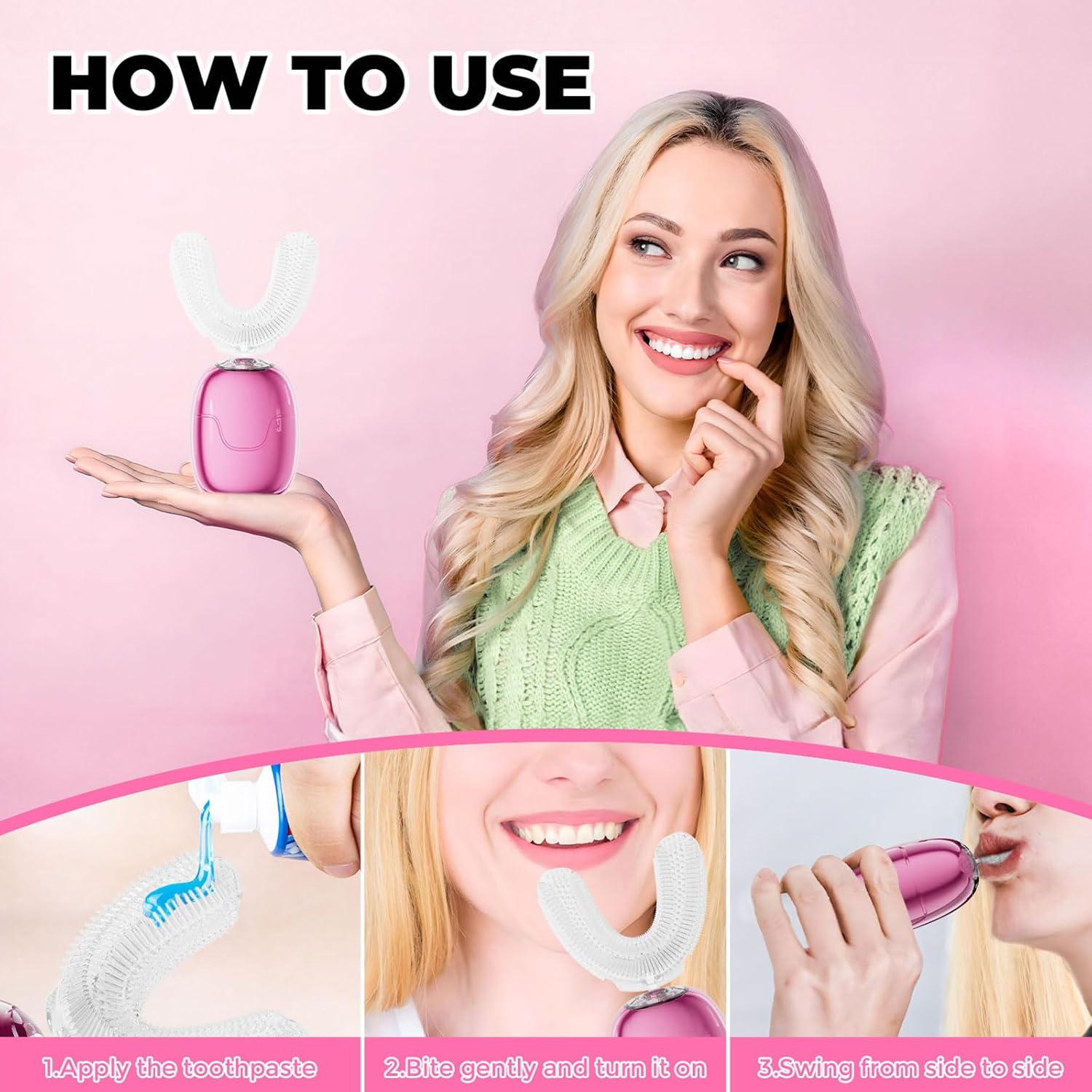 U Shaped Electric Toothbrush for Adults - 360° Adult u Shaped Brush Nylon bristles, Rechargeable Electric Toothbrush,Teeth Whitening Brush for Home & Travel Use (Pink)