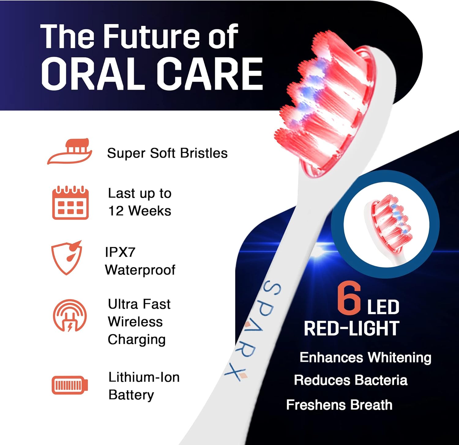 SPARX Toothbrush Replacement Heads, Brush Heads with Red Light Therapy for Gum Care, Replacement Brush Heads, White, 1 Pack