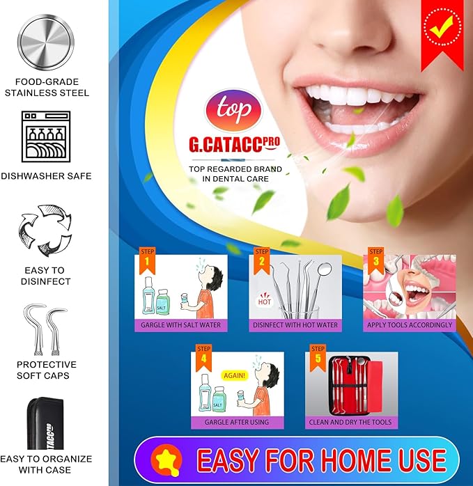 G.CATACC 10 Pack Dental Tools, Professional Plaque Remover for Teeth Cleaning Tools Set, Stainless Steel Hygiene Kit with Dental Pick Tooth Scraper Plaque Tartar Remover Tongue Cleaner - with Case