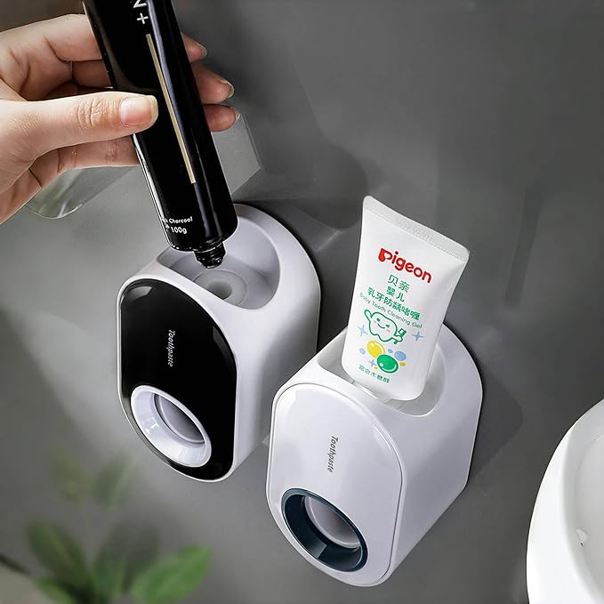 Stainless Steel Adhesive Wall Mounted Toothbrush Holder, 3 in 1 Organizer for Toothbrush, Toothpaste, and Cup (Black (Set of 2))