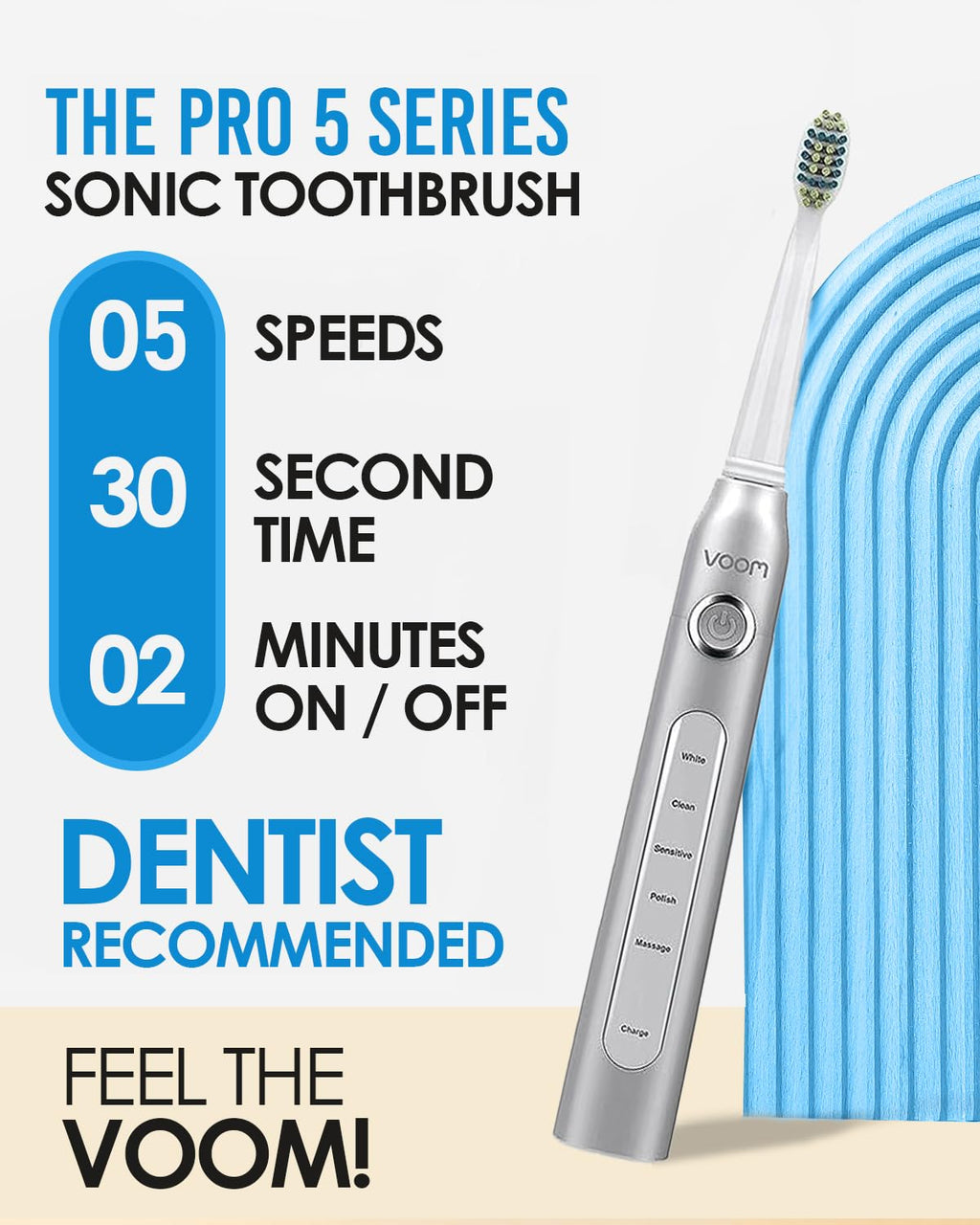 Voom Sonic Pro 5 Series Rechargeable Electronic Toothbrush, Dentist Recommended, Advanced Oral Care, 2 Minute Timer with Quadrant Pacing, 5 Adjustable Speeds, Soft Dupont Nylon Bristles, Silver