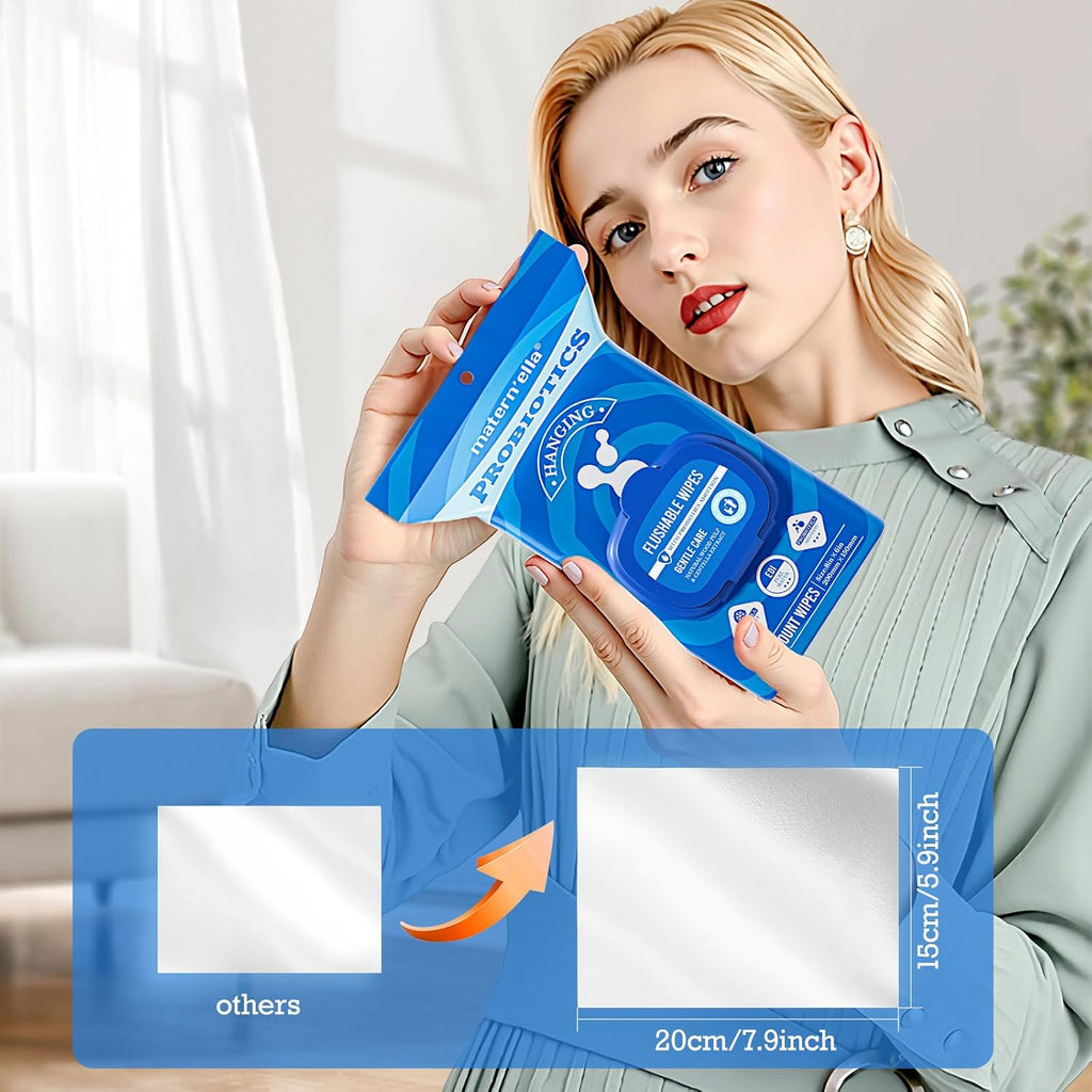 matern'ella Hanging Flushable Wipes Unscented Extra Large Corner-Connected Wet Wipes Adult Plant Based Fibers with Probiotics Alcohol Free Sewer Safe Butt Wipe Travel 3 Packs of 80 Wipes