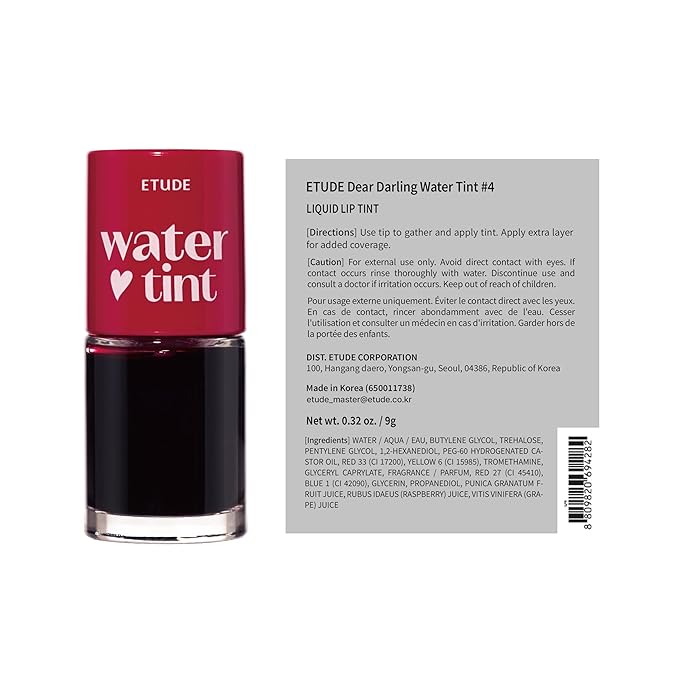 ETUDE Dear Darling Water Tint – Red Grapefruit Ade | Korean Lip Stain & Lip Tint for Hydrated Pink Lips, Smudge-Proof Long-Lasting Lip & Cheek Makeup | K-Beauty Gift, Stocking Stuffers