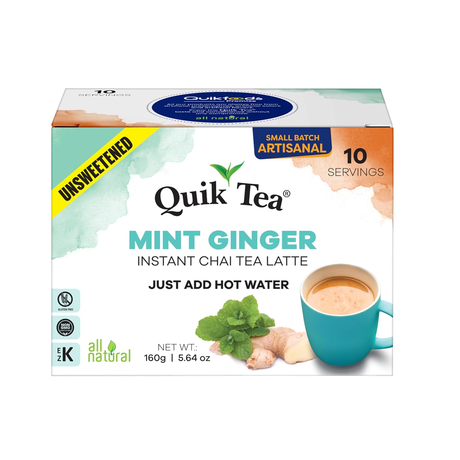 QuikTea Mint Ginger Unsweetened Chai Tea Latte – 10 Count, Bold Mint Ginger Flavor, Naturally Caffeine-Light, no preservatives, No Sugar Added – Just Add Hot Water