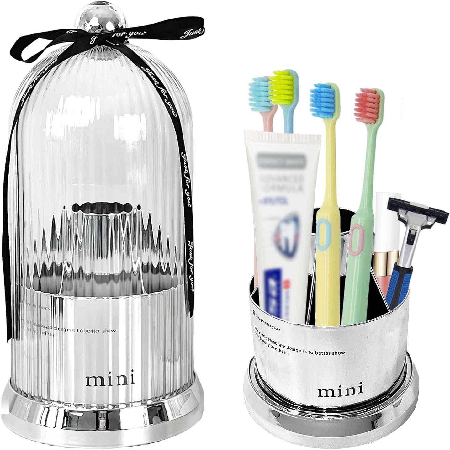 Multi Functional Rotating Toothbrush Holders with Sliding Base, 7 Slot Bathroom Countertop Organizer Perfect for Tooth Brush, Toothpaste, and Makeup Brushes Storage (Silver)