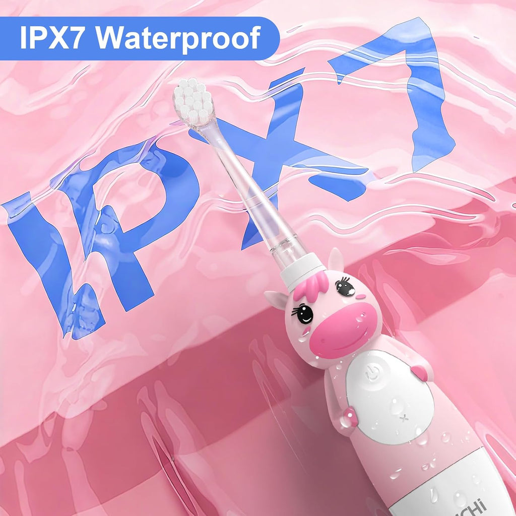 YUNCHI Toddler Electric Toothbrush Kids 0-3-6 Years, Baby Electric Toothbrush with Colorful LED Light, Battery Powered Toddler Toothbrush with 2 Minutes Timer 4 Brush Heads, Infant Toothbrush (Pink)