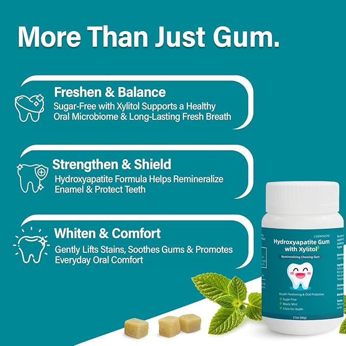 Remineralizing Gum with Hydroxyapatite - Sugar-Free Enamel Repair & Fresh Breath, Natural Oral Care with Xylitol