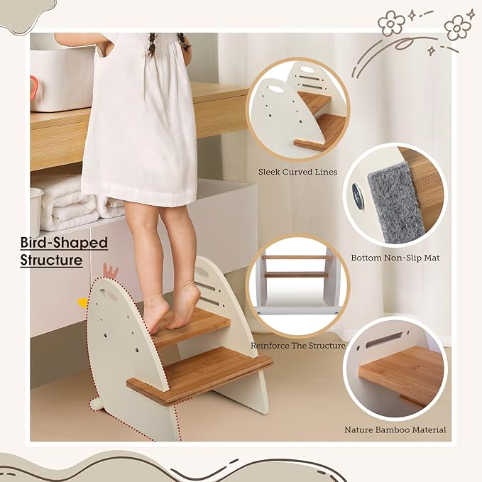 Wooden 2 Step Stool for Kids,Toddler Adjustable Triple Height Step Stool,Bamboo Bird-Shaped Design,300lbs Capacity,Ideal for Bathroom,Kitchen,Bedroom