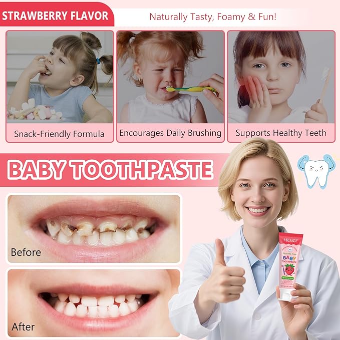 Kids Toothpaste Strawberry Flavor, Swallowable Toothpaste with xylitol and Vitamin E, Fights Plaque, Designed for Children, 2.1OZ