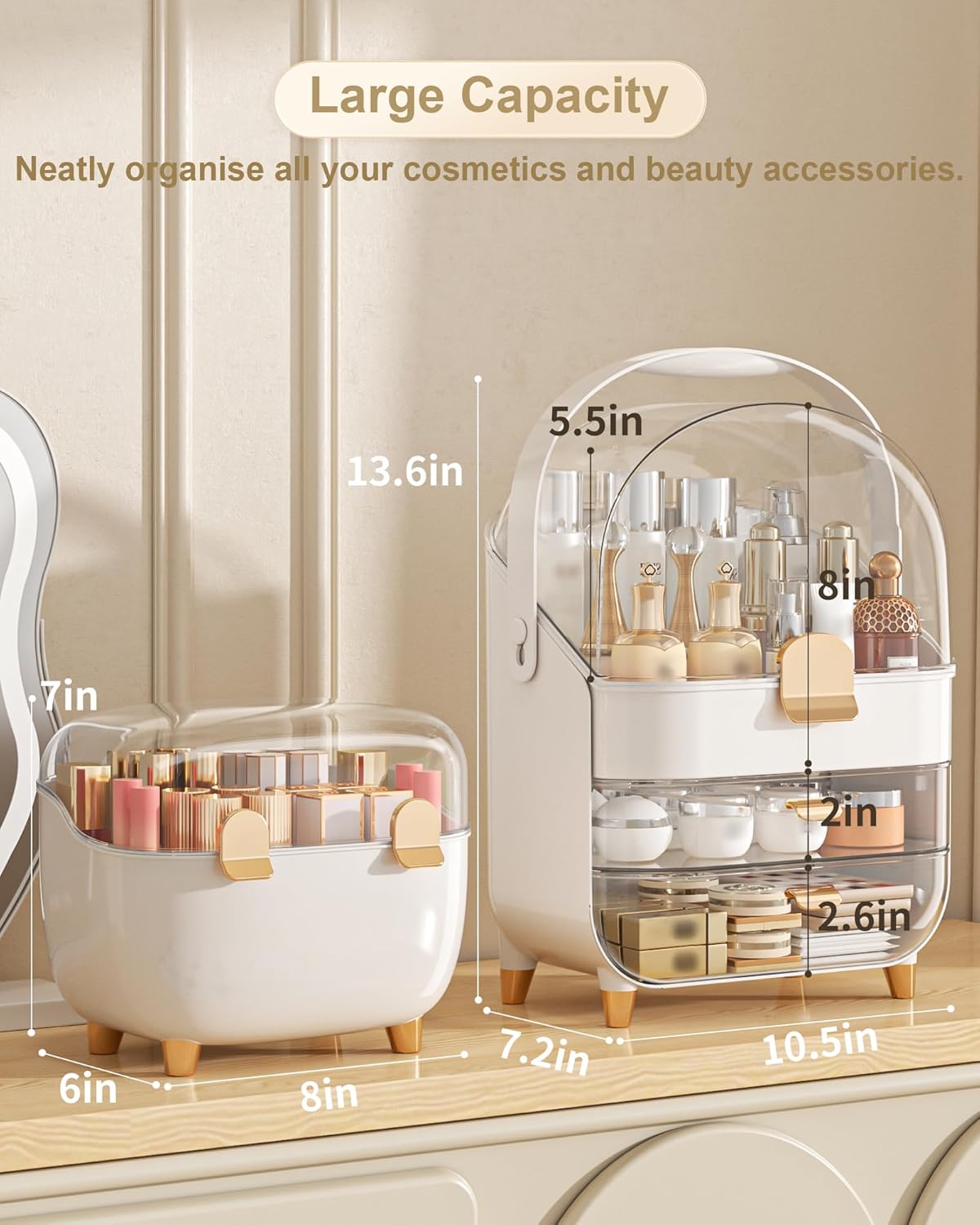 Makeup Organizer with Lipstick Holder, Skincare Organizers Storage Box Cosmetic Display Cases, Teen Girl Gifts Make up Organizers for Vanity, Dresser, Countertop, Bathroom(Rose Gold)