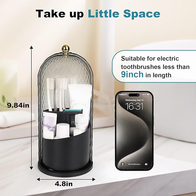 Toothbrush Holders with Sliding Lid, Rotating 3 Slots Bathroom Organizer Countertop, Tooth Brush Toothpaste Holder Bathroom Counter Stand Caddy for Vanity Makeup Brushes Holder (Black)