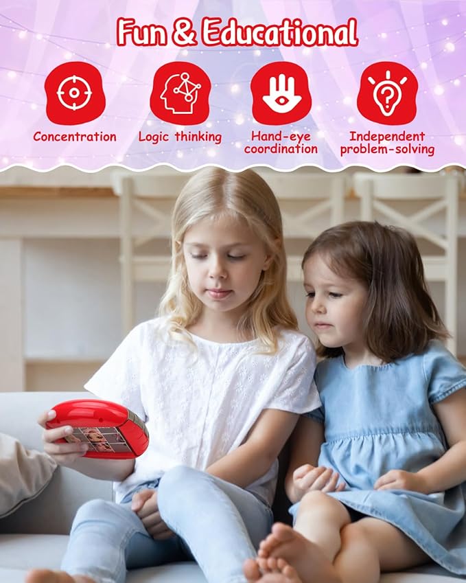 Rotating 3D Puzzle for Kids 3 4 5 6 7 Year Old, 4 Puzzles in 1, Handheld Game Fidget Toys for Travel, Cars & Plane, Fine Motor Skills Developing (Cute Little Princess)