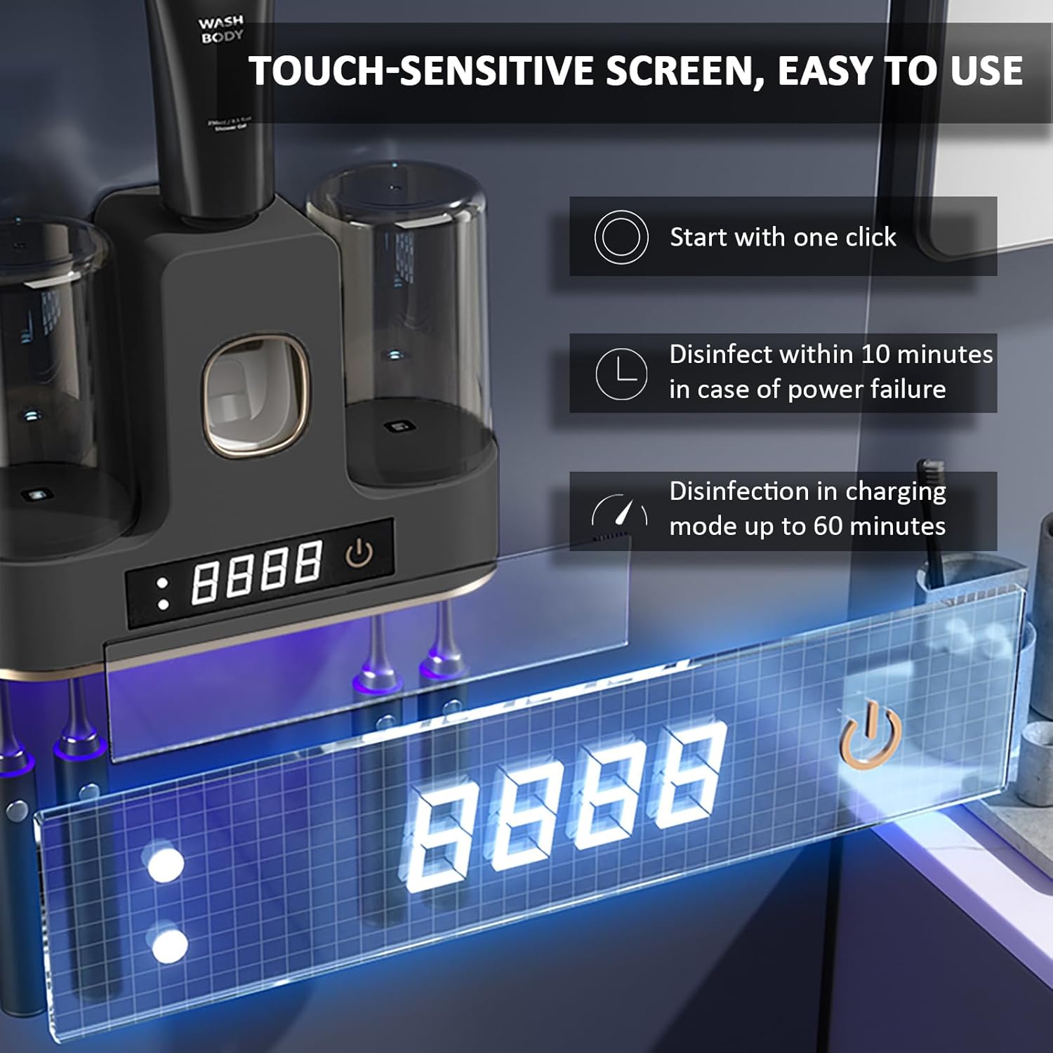 Toothbrush Holders for Bathrooms with Air-Drying, Toothbrush Sanitizer Holder with Smart Countdown LED Screen, 2 Cups Electric Toothbrush Holders Wall Mounted with Toothpaste Dispenser